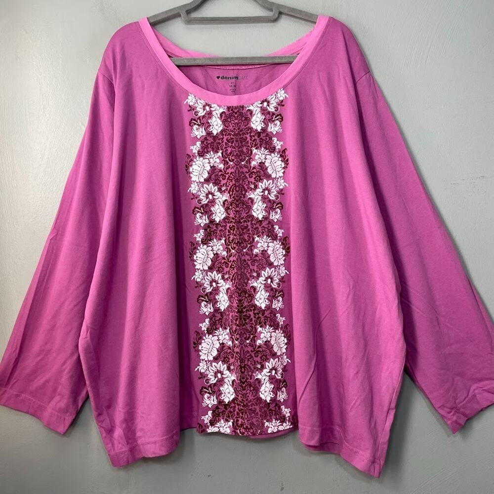 Denim 24/7 Tee Top Plus Size 4X Pink Romantic Cottagecore Purple Velvet Flocked